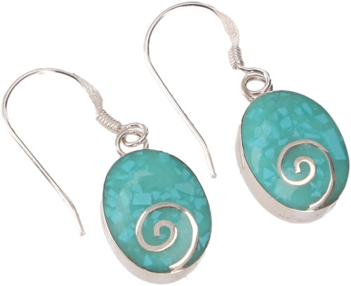 Oval ethno silver earrings with spiral - turquoise/green - 1x1,3 cm