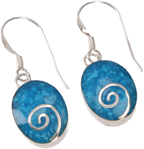 Oval ethno silver earrings with spiral - turquoise/blue - 1,3x1 cm