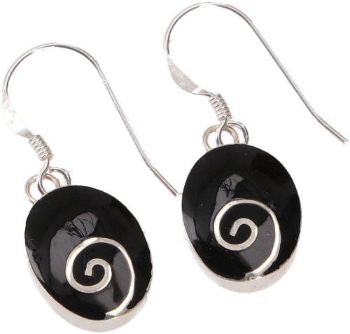Oval ethno silver earrings with spiral - onyx - 3 cm 1,3 cm