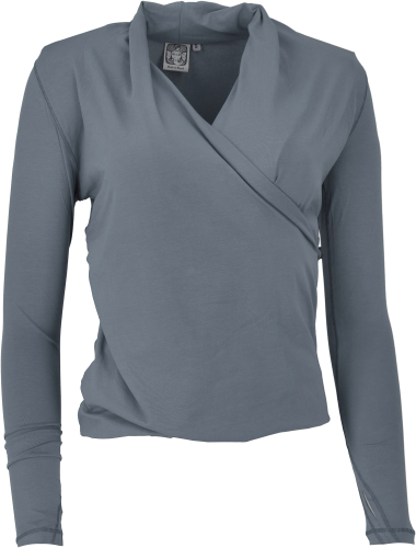 Wrap-look long-sleeved shirt with thumb hole, organic cotton yoga shirt - dark gray