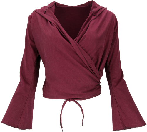Wrap shirt, yoga shirt, long-sleeved shirt with trumpet sleeves - wine red