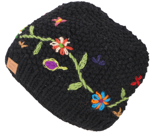 Short beanie hat, embroidered knitted hat, Nepal hat, winter hat - black - 20 cm