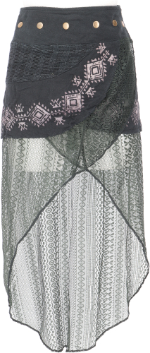 Psytrance Goa Pixi layered skirt, wrap skirt with lace - black