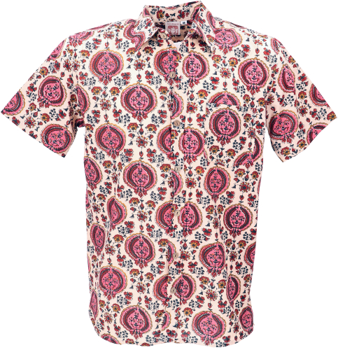 Printed shirt, short sleeve casual shirt, cotton shirt - pink/beige