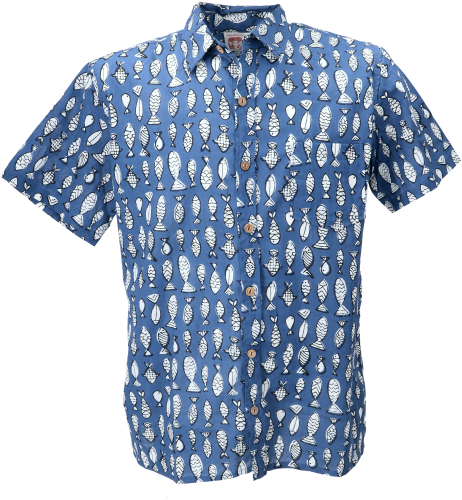 Printed shirt, short sleeve casual shirt, cotton shirt - blue