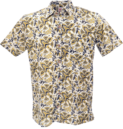 Printed shirt, short sleeve casual shirt, cotton shirt - mustard/beige