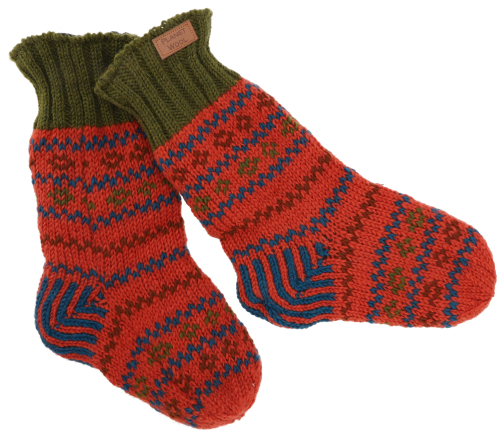 Hand-knitted lined sheep`s wool socks, colorful house socks, hut socks, Nepal socks - orange/green