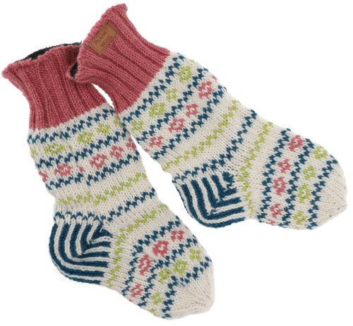 Hand-knitted lined sheep`s wool socks, colorful house socks, hut socks, Nepal socks - white/colorful
