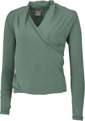 Wrap-look long-sleeved shirt with thumb hole, organic cotton yoga shirt - green