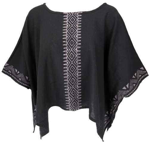 Wide boho blouse top with batwing sleeves, maxi blouse with handmade print - black