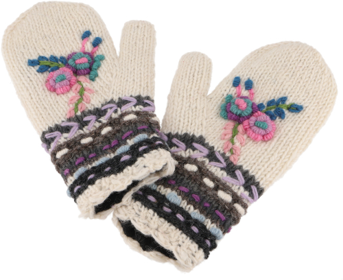 Wool gloves with floral embroidery, boho gloves, Fauster Nepal - white