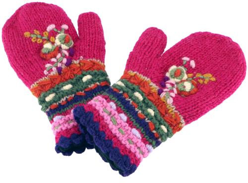 Wool gloves with floral embroidery, boho gloves, Fauster Nepal - pink