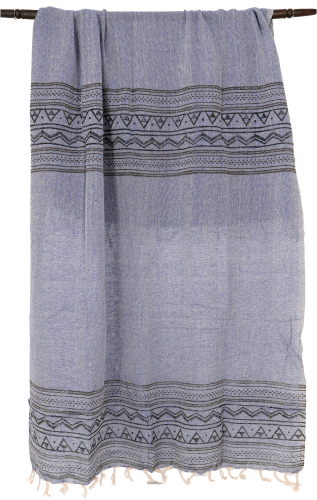 Indisches bedrucktes Baumwolltuch, leichter Blockprint Schal, Sarong, Strandtuch - blau - 180x95 cm