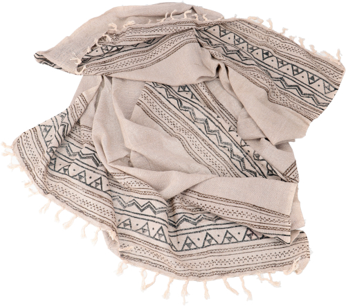 Indisches bedrucktes Baumwolltuch, leichter Blockprint Schal, Sarong, Strandtuch - leinenfarben - 180x95 cm