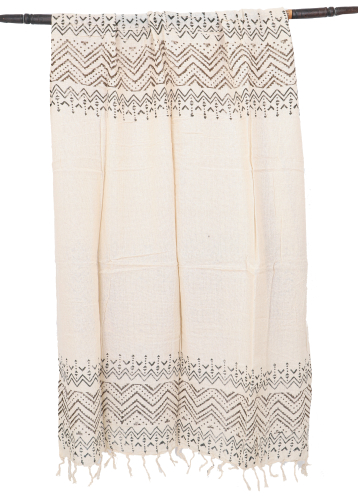 Indisches bedrucktes Baumwolltuch, leichter Blockprint Schal, Sarong, Strandtuch - helles beige/schwarz - 180x95 cm