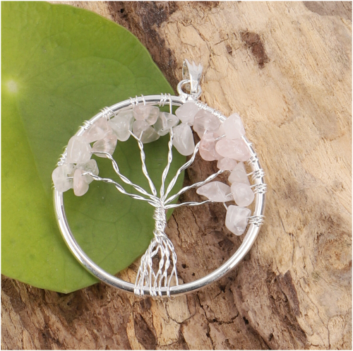Tree of life amulet, golden pendant `Tree of life` - rose quartz/silver 3,5 cm