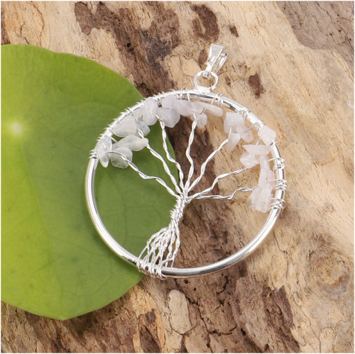 Tree of life amulet, golden pendant `Tree of life` - white moonstone/silver 3,5 cm