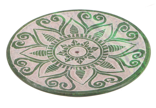Indian incense holder  10 cm made of soapstone, candle plate - Mandala green