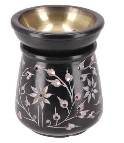 Indische Duftlampe, therisches l Diffusor, Teelicht Halter fr Aromatherapie, Aromalampe aus Speckstein - Rund Blumenmuster 1 - 10x7x7 cm  7 cm