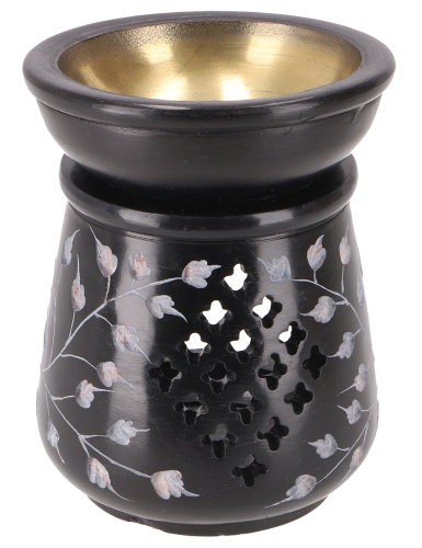 Indische Duftlampe, therisches l Diffusor, Teelicht Halter fr Aromatherapie, Aromalampe aus Speckstein - Rund Blumenmuster 2 - 10x7x7 cm  7 cm