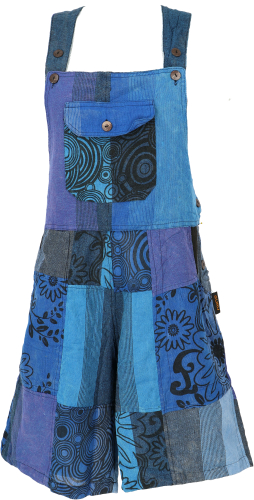 Goa shorts, short patchwork dungarees, boho dungarees - blue