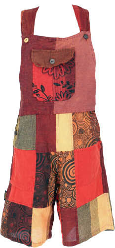 Goa shorts, short patchwork dungarees, boho dungarees - orange/red