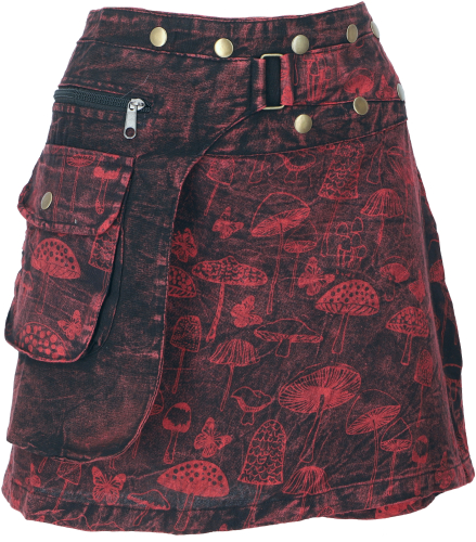 Wrap skirt, short skirt, cacheur, stonewash mushroom print mini skirt - wine red