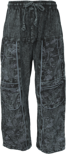 Yoga pants, unisex cotton Goa pants with print and pockets - black