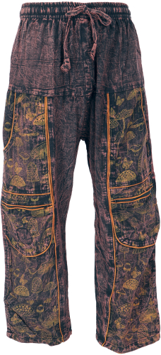 Yoga pants, unisex cotton Goa pants with print and pockets - brown