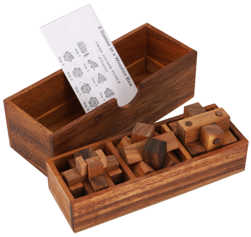 Wooden game, game of skill, puzzle game - 3 puzzles/Set2 - 8x19x7 cm 
