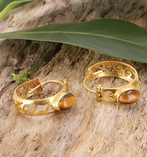Gold-plated hoop earrings, boho earrings, filigree earrings with semi-precious stone - tiger`s eye - 1,5x1,5 cm 1,5 cm