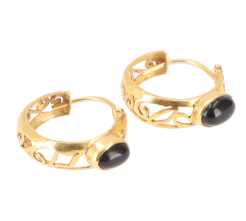 Gold-plated hoop earrings, boho earrings, filigree earrings with semi-precious stone - onyx - 1,5x1,5 cm 1,5 cm