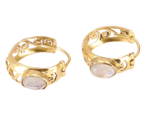 Gold-plated hoop earrings, boho earrings, filigree earrings with semi-precious stone - moonstone - 1,5x1,5 cm 1,5 cm