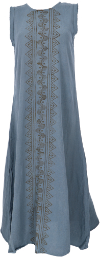 Natrliches Tunikakleid, Maxikleid, Boho Sommerkleid mit handgefertigtem Tribal Druck - taubenblau