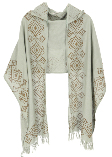 Hand-woven cotton scarf with hood, hand-printed tribal pattern, poncho scarf - mint