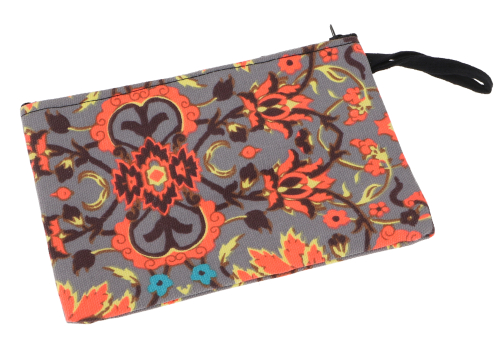 Colorful boho cosmetic bag, upcycled case, pencil case - grey/orange - 12x18 cm