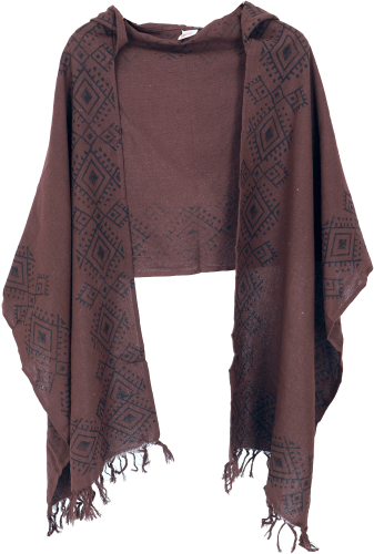 Hand-woven cotton scarf with hood, hand-printed tribal pattern, poncho scarf - brown