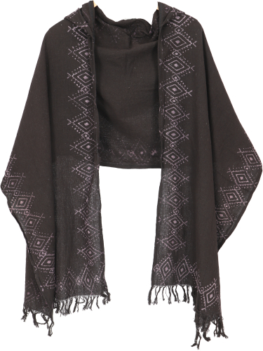 Hand-woven cotton scarf with hood, hand-printed tribal pattern, poncho scarf - dark brown