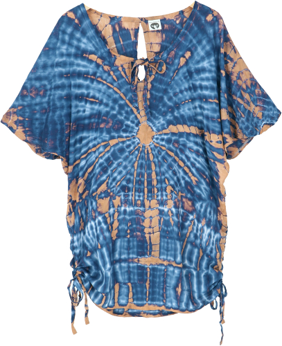 Batik tunic with ribbons, maxi tunic, beach dress, plus size - dark blue