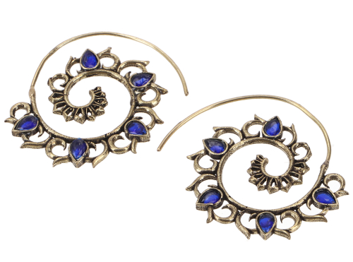 Dangle earrings made of brass and pearls, tribal spiral earrings - gold/blue - 5x4x0,1 cm 