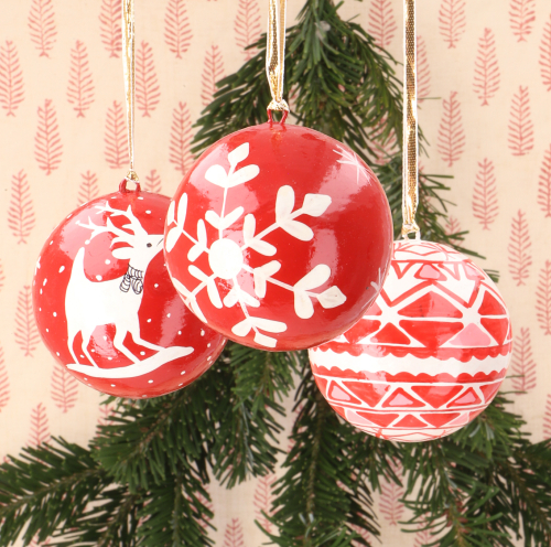 Upcycling Weihnachtskugeln 3er Geschenk Set aus Pappmachee, handbemalter Christbaumschmuck, Kaschmirkugeln 7 cm - Muster 1