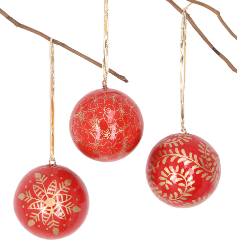Upcycling Weihnachtskugeln 3er Geschenk Set aus Pappmachee, handbemalter Christbaumschmuck, Kaschmirkugeln 7 cm - Muster 4