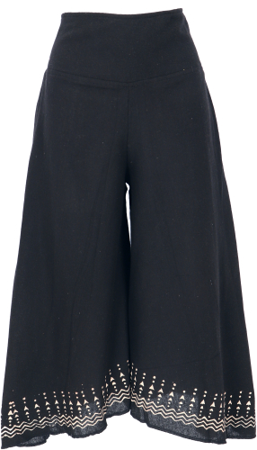 Palazzo pants, 3/4 culottes, printed natural boho flared pants, summer pants - black