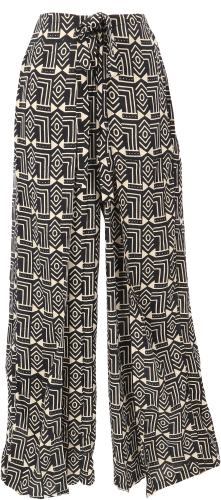 Palazzo pants with African print, open boho summer pants, culottes - black/beige