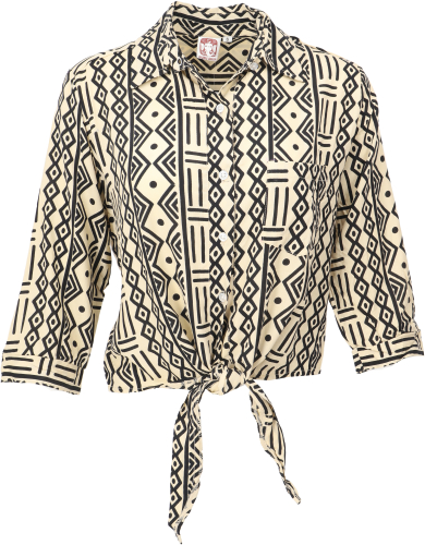 Boho blouse top with African print, tie-up blouse - beige/black