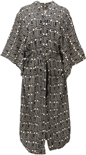 Long boho summer dress with African print, kaftan, maxi size - black/beige