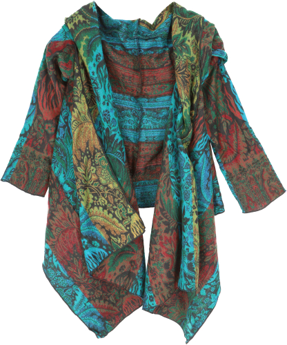 Open boho cardigan, plus size jacket with hood - turquoise/colorful