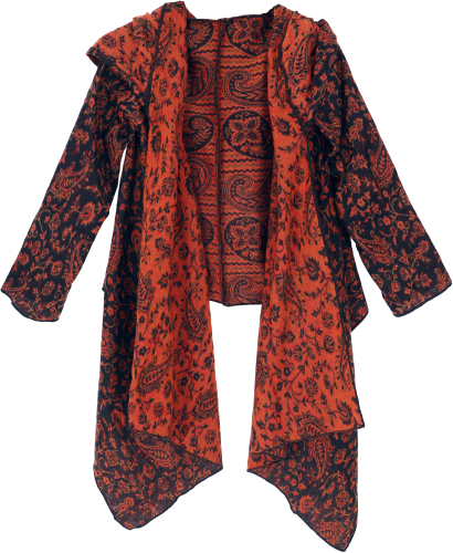 Open boho cardigan, plus size jacket with hood - black/orange
