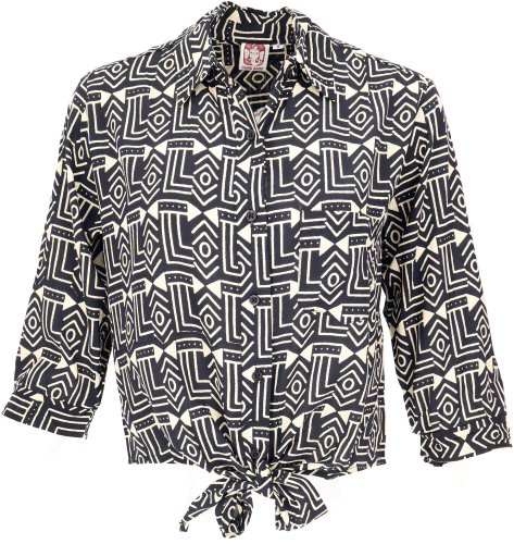 Boho blouse top with African print, tie-up blouse - black/cream