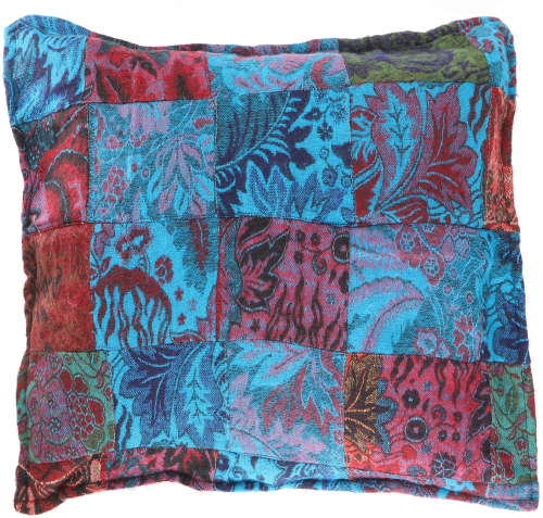 Fluffy patchwork boho cushion cover, sustainable upcycled cushion cover - blue/colorful - 40x40 cm